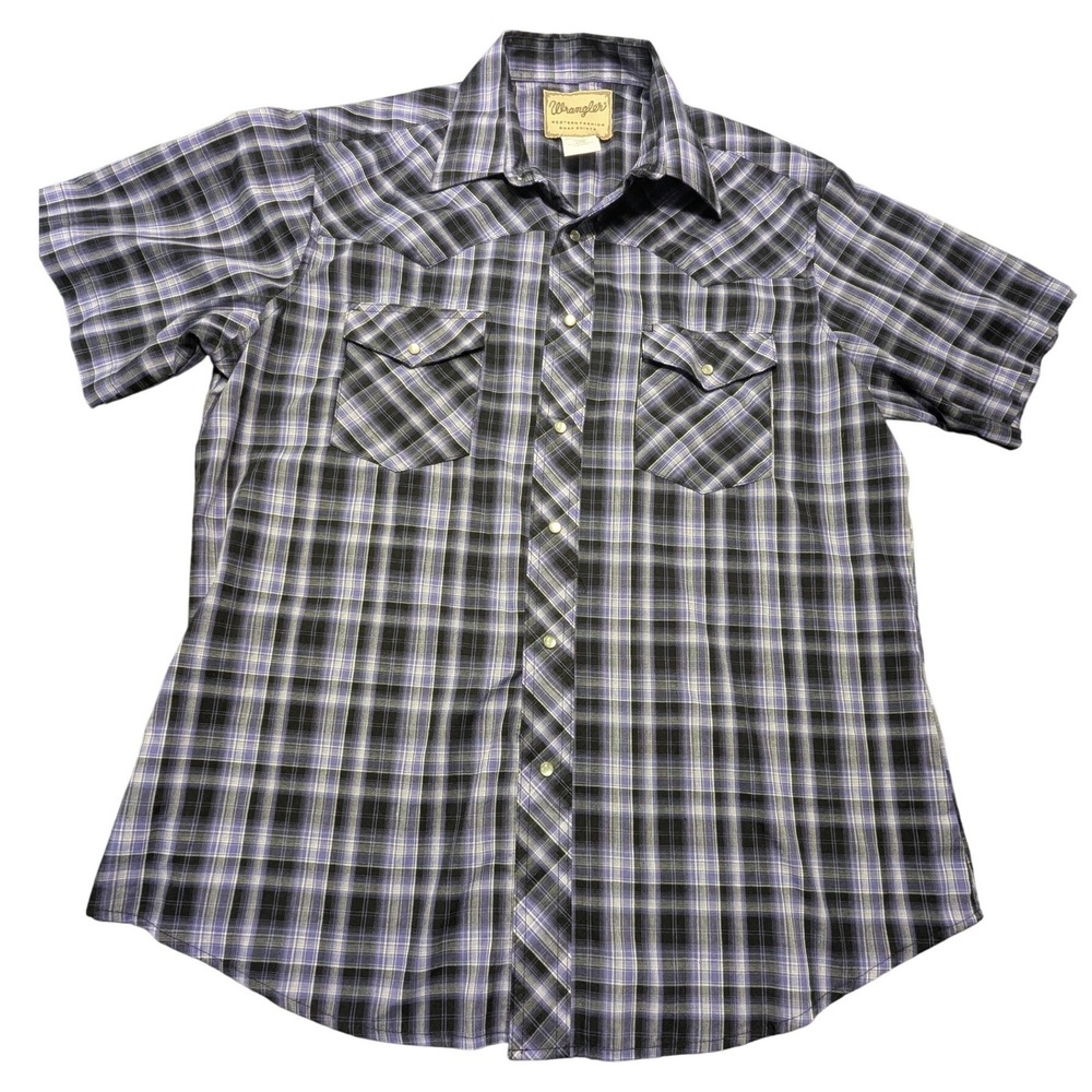 Wrangler Western Fashion Snap Shirt Mens Large Purple Black Plaid Short Sleeve